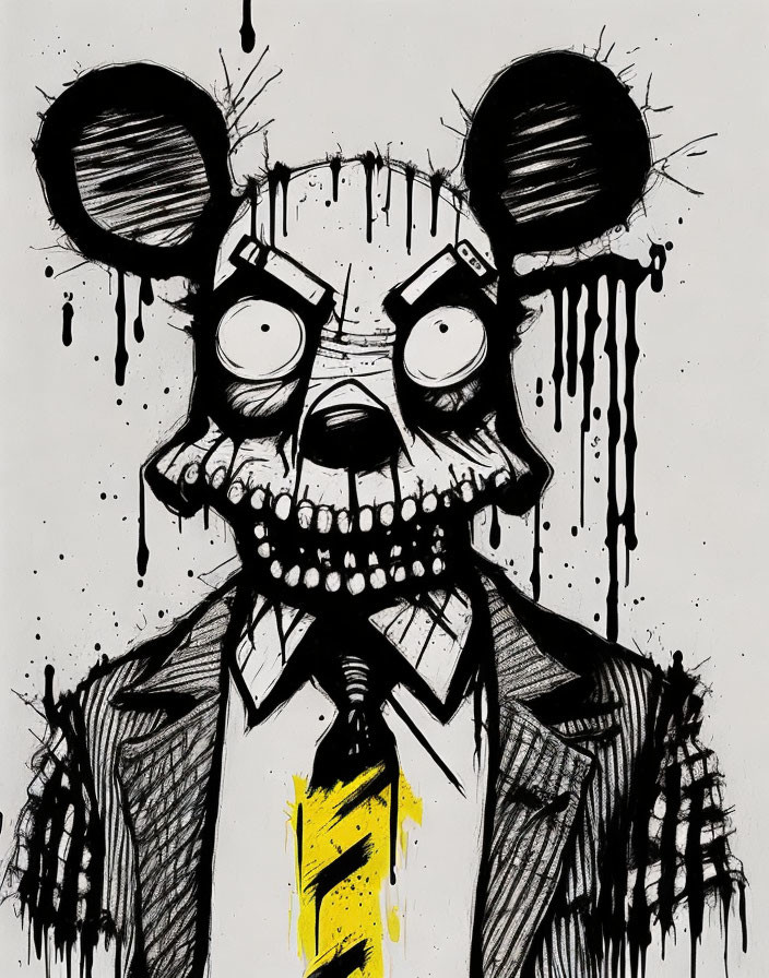 Monochrome illustration of a sinister, anthropomorphic mouse in a suit with exaggerated teeth.