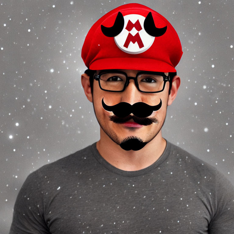 Character with Super Mario red cap, black glasses, and fake mustache on grey background