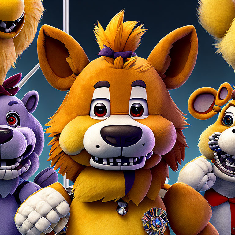 Vibrant animatronic animal characters, featuring a smiling orange fox.