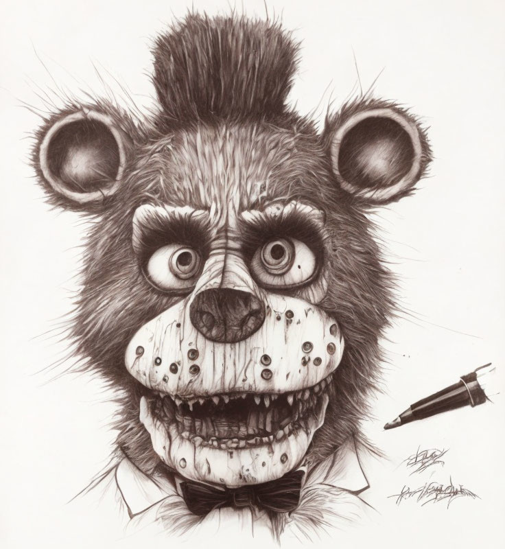 Detailed pencil sketch of a menacing anthropomorphic bear with wide eyes, toothy grin, bow tie,