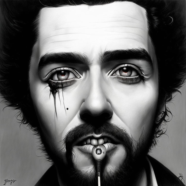 Monochrome hyper-realistic portrait of a man with tear and smoke elements