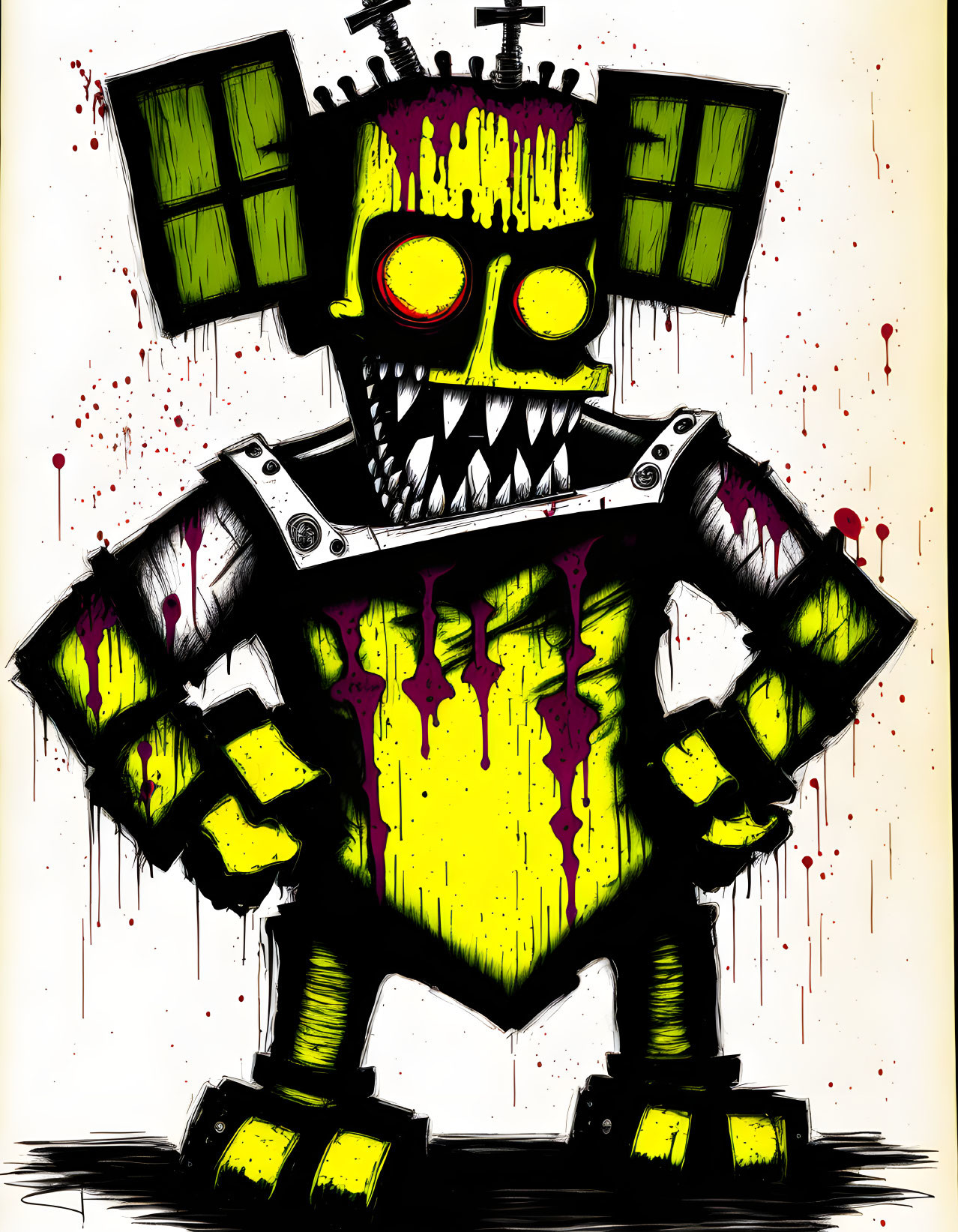 Menacing robot with skull face in vibrant green and yellow paint against splattered background