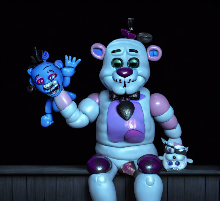 Cartoonish animatronic characters in 3D rendering