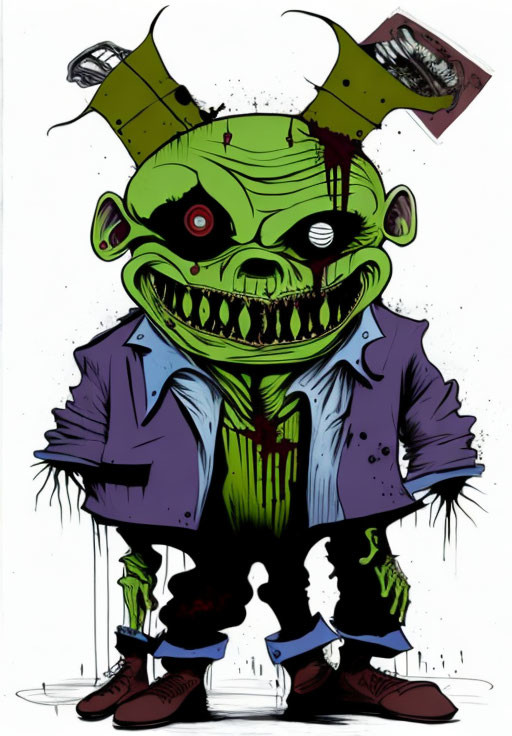 Sinister one-eyed clown with sharp teeth in tattered purple suit and green hat.