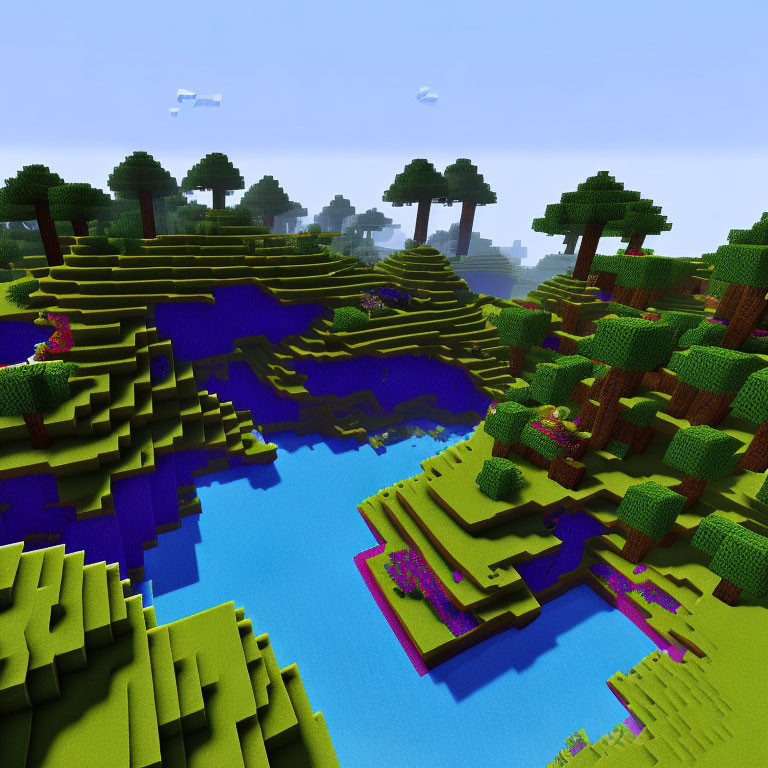 Colorful Blocky Landscape with Blue Waters and Green Terrain