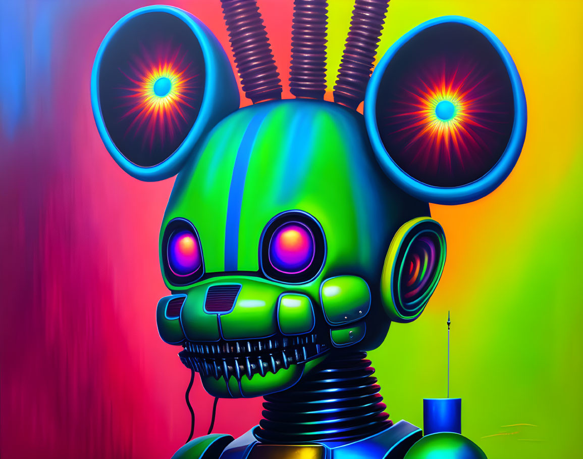 Stylized robotic head with mouse-like ears on vibrant gradient background