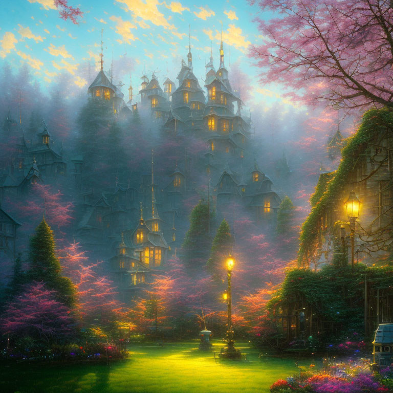 Enchanting twilight scene of a glowing castle in lush gardens