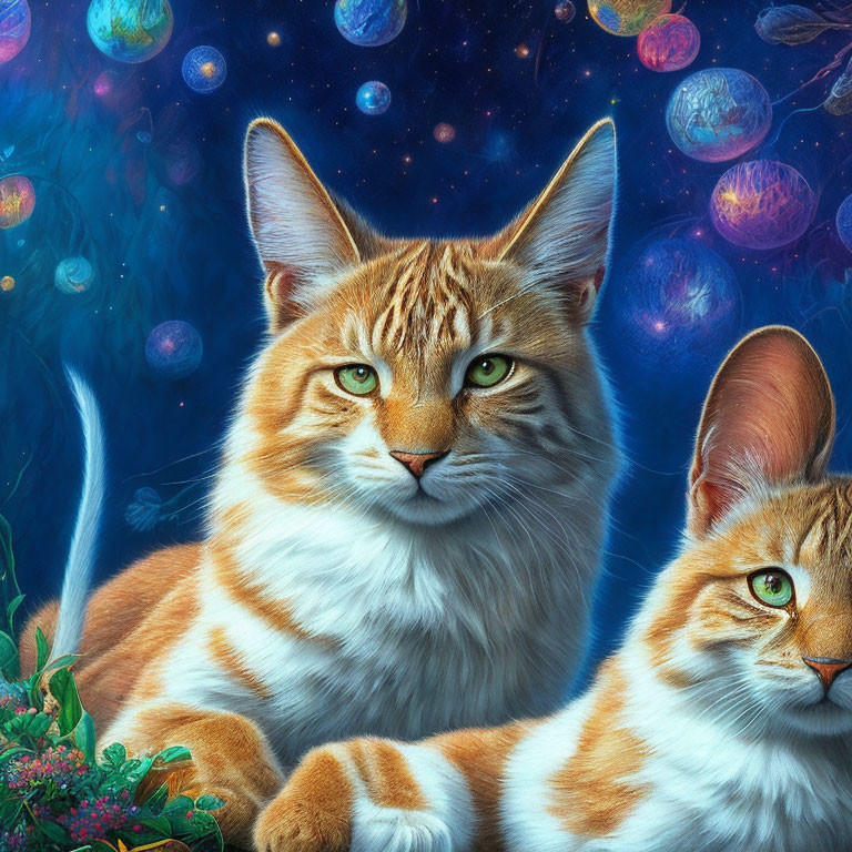 Orange Striped Cats with Green Eyes in Cosmic Nebulae Scene