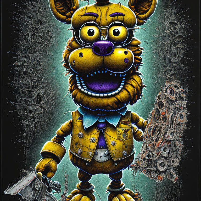 Yellow Bear with Chainsaw in Grungy Background