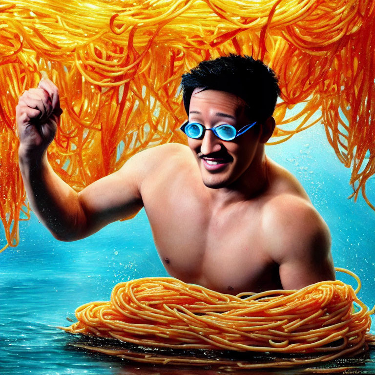 Person in Goggles Playfully Emerges from Spaghetti Pool