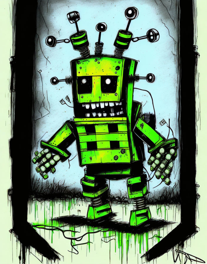 Green and black robot with antennas, square head, and striped torso on grassy field