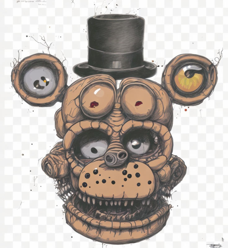 Stylized animatronic bear head with multiple eyes and top hat