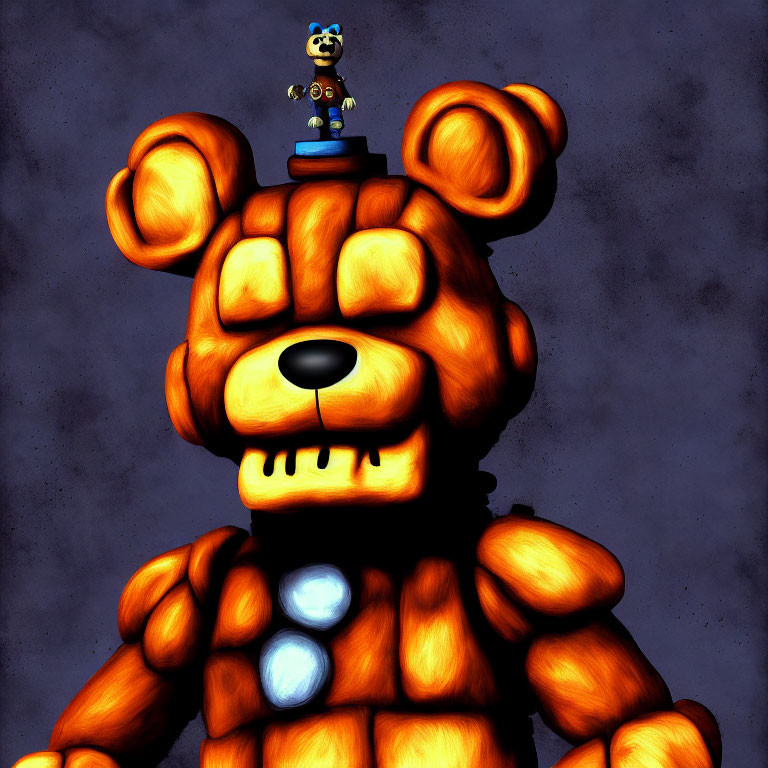 Stylized illustration of large animatronic bear with glowing parts and small blue figure on head