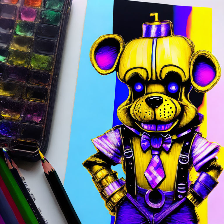 Cartoon bear in purple suit beside watercolors and colored pencils