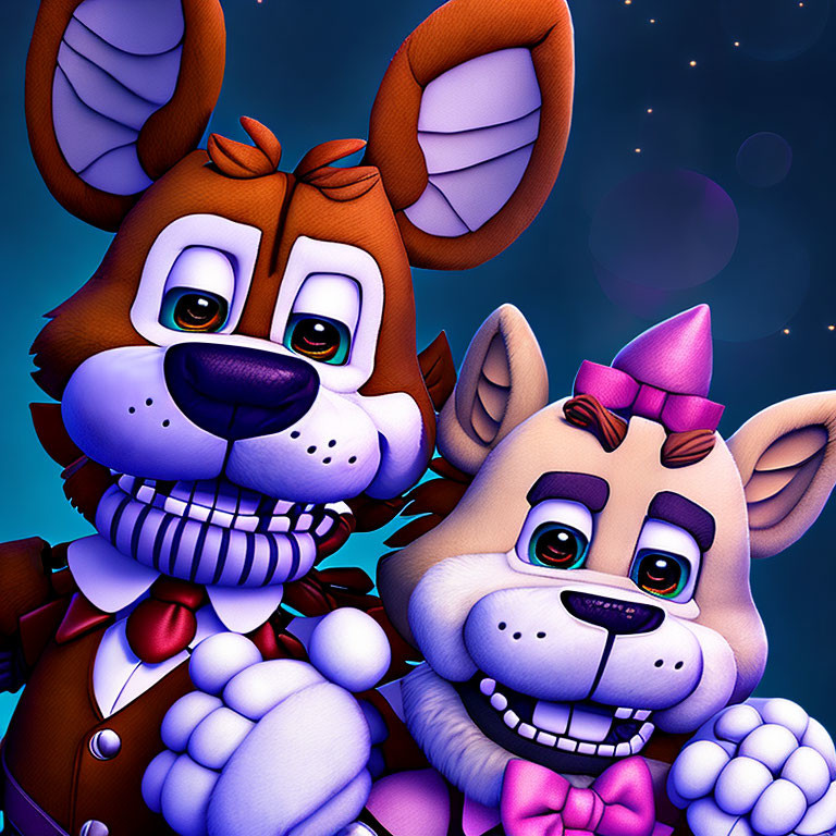 Anthropomorphic dogs with bowtie and ribbon on starry background