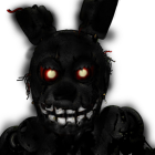 Grinning anthropomorphic animatronic character with yellow eyes and mixed textures in dark setting