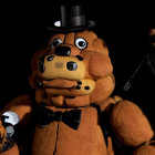 Brown Bear with Top Hat, Bowtie, and Sharp Teeth in Dimly Lit Setting