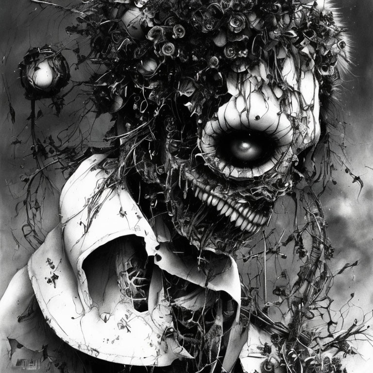 Monochrome artwork of grotesque figure with large eye and intricate textures