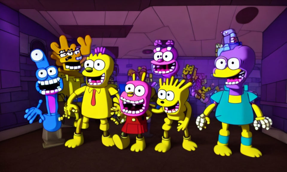 Exaggerated smiles cartoon characters in purple-toned room