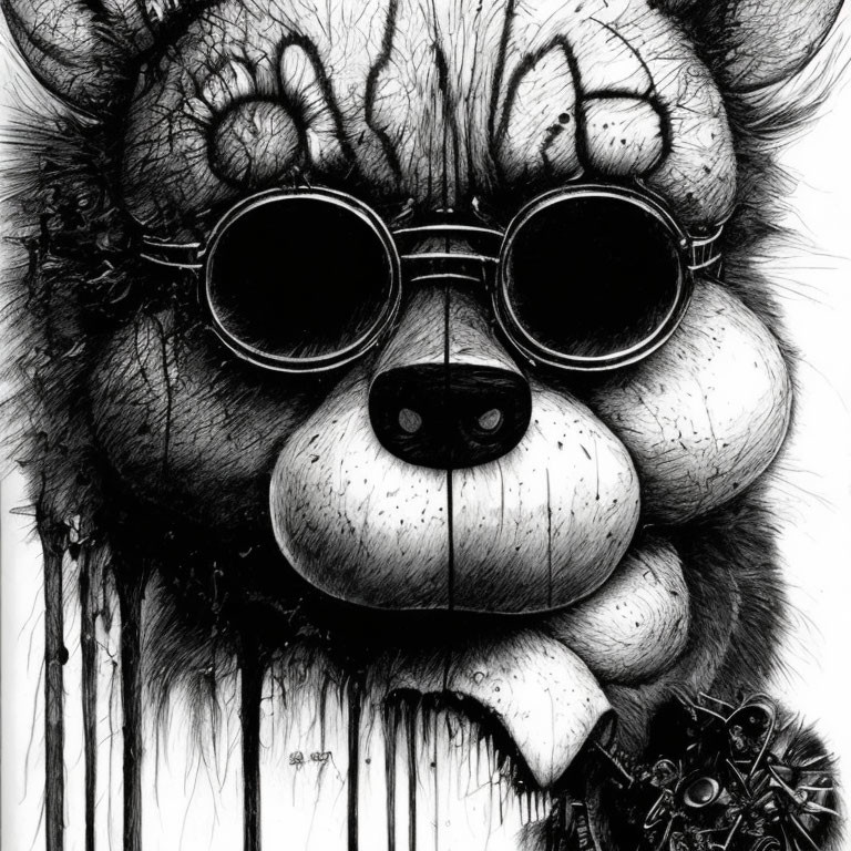 Detailed Black and White Stylized Bear Face Drawing with Sunglasses