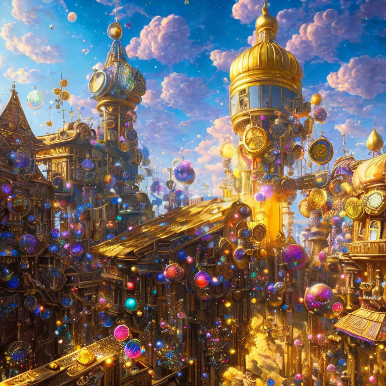 Golden architecture and floating orbs in fantastical cityscape.