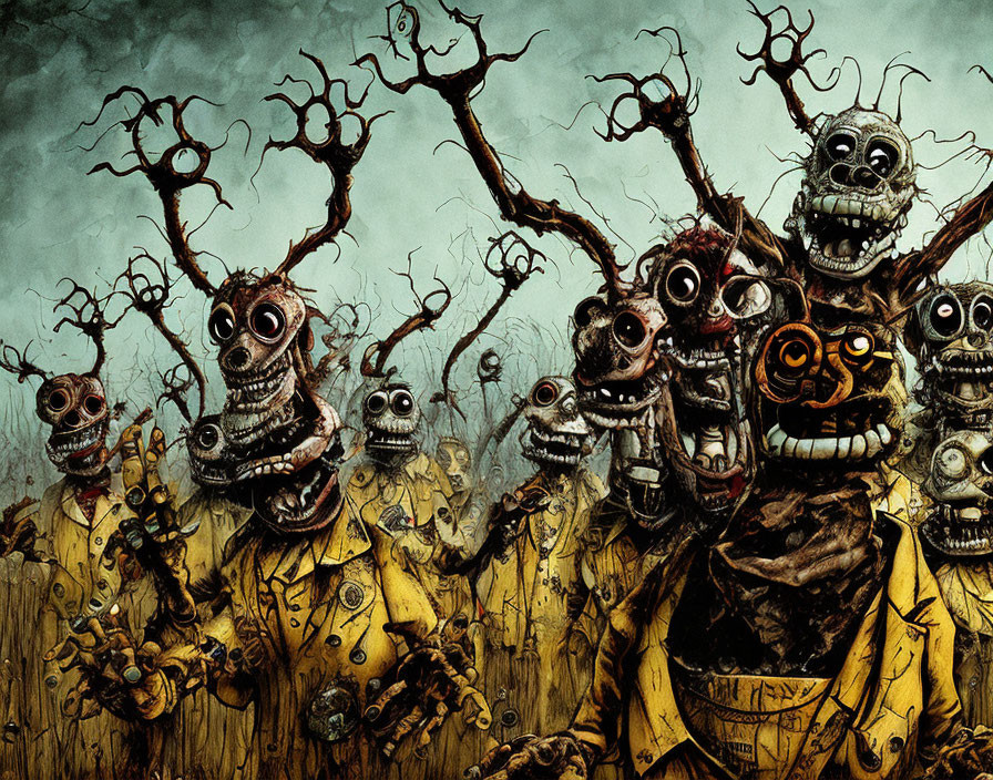 Sinister mechanical scarecrow figures with multiple eyes and twisted trees