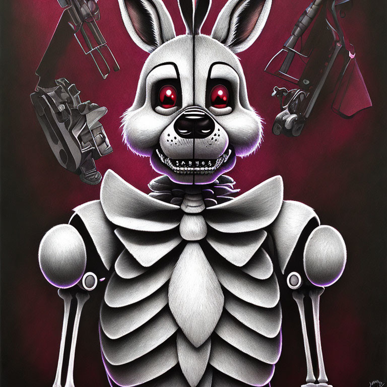 Mechanical rabbit with red eyes and skeletal design on crimson background.