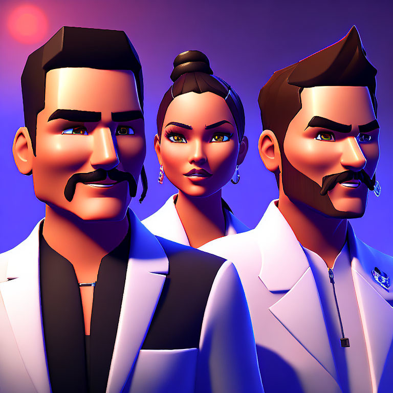 Three stylized characters in white suits under purple lighting