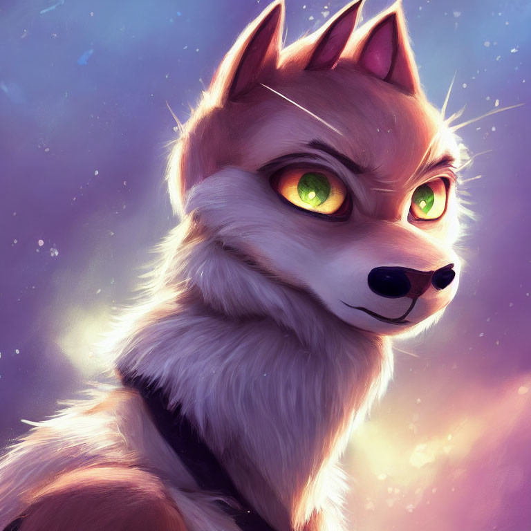 Stylized fox with bright green eyes on colorful background