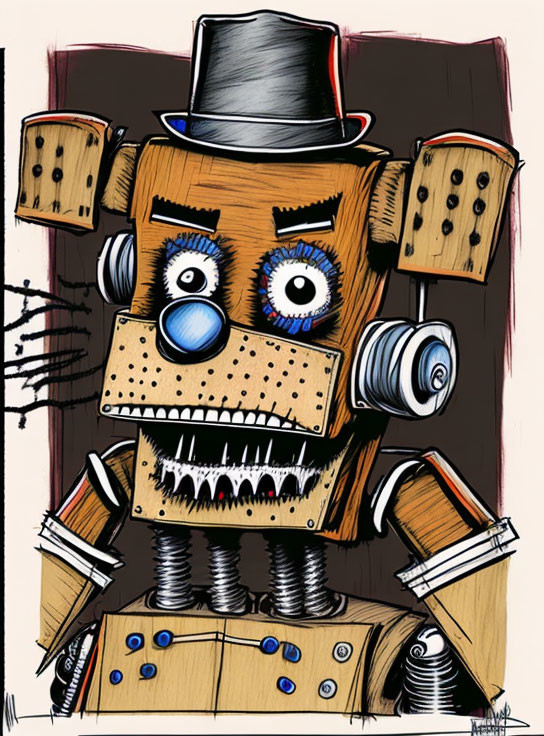 Whimsical robot with boxy brown body, blue eyes, sharp teeth, and black top hat