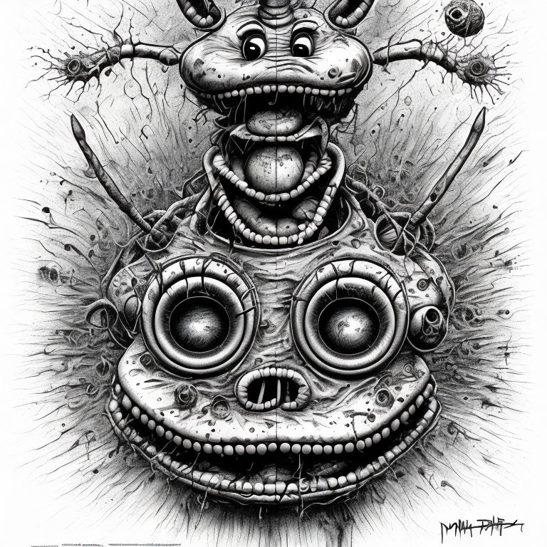 Monochrome sketch of stylized robotic creature with multiple eyes and antennas