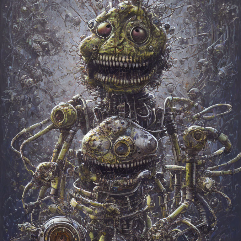 Mechanical creatures with intricate bodies in dense metallic environment