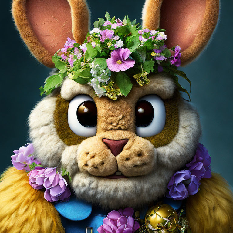 Detailed digital illustration of a whimsical bunny with expressive brown eyes and floral crown.