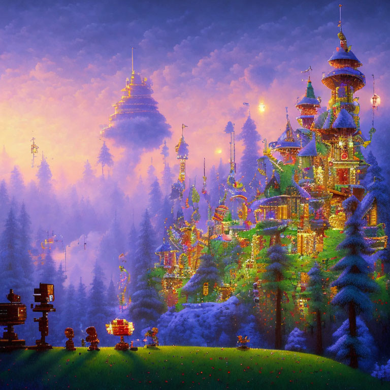 Fantasy landscape digital artwork with illuminated castle in snow-covered trees