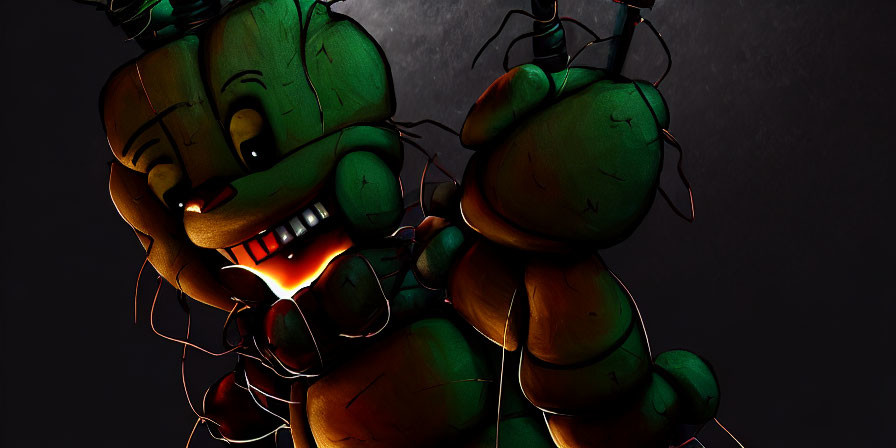 Menacing Green Animatronic Creature with Glowing Eyes in Dark Setting