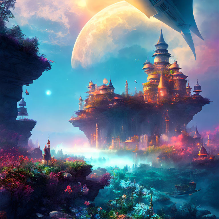 Fantastical floating city at dusk with spired buildings and large moon in vibrant landscape