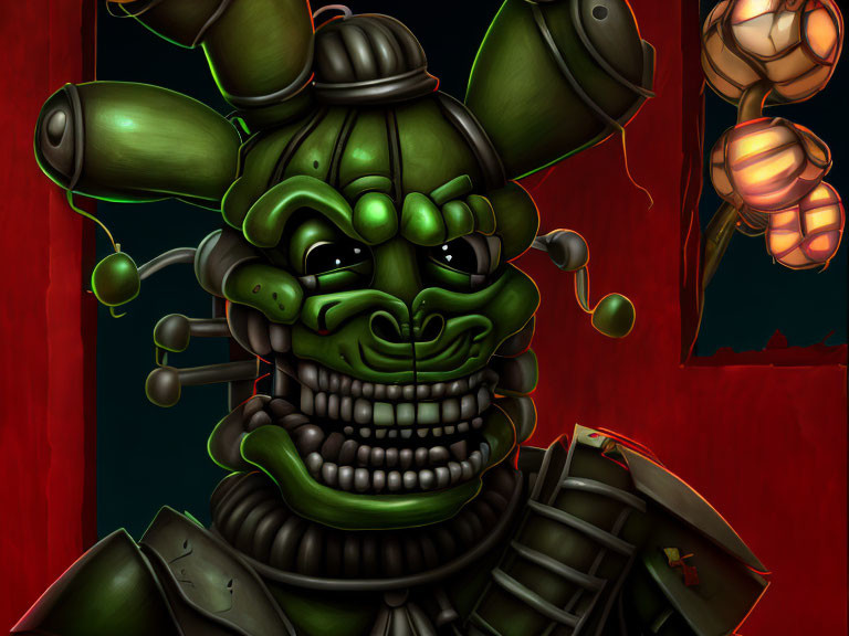 Digital artwork: Green mechanical creature with glowing eyes, helmet, grin, holding bomb.