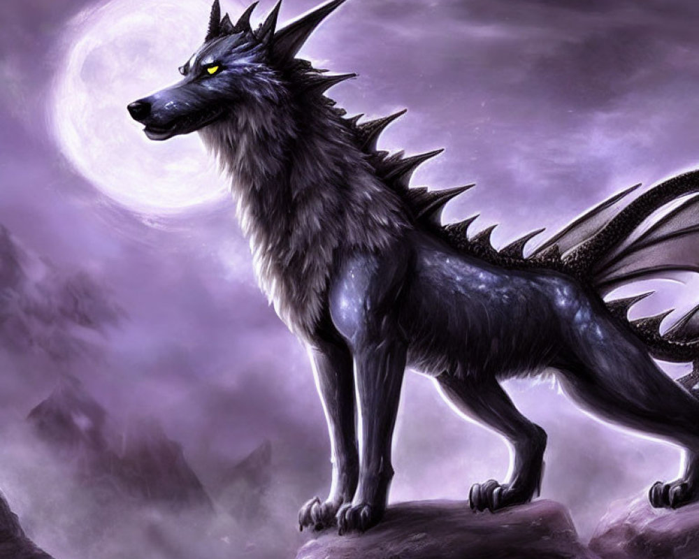 Black dragon-wolf creature on rocky outcrop under full moon.