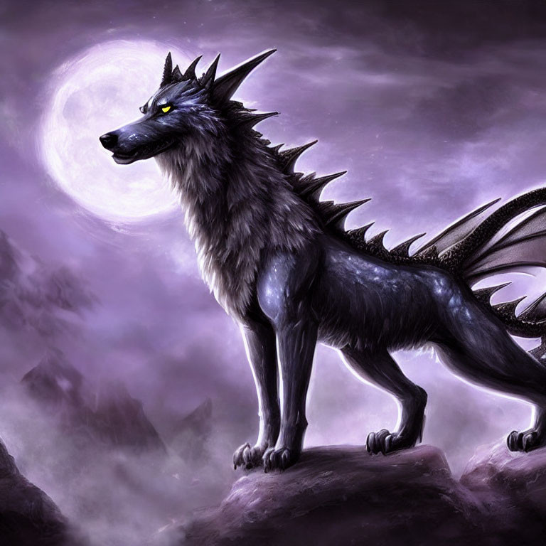 Black dragon-wolf creature on rocky outcrop under full moon.