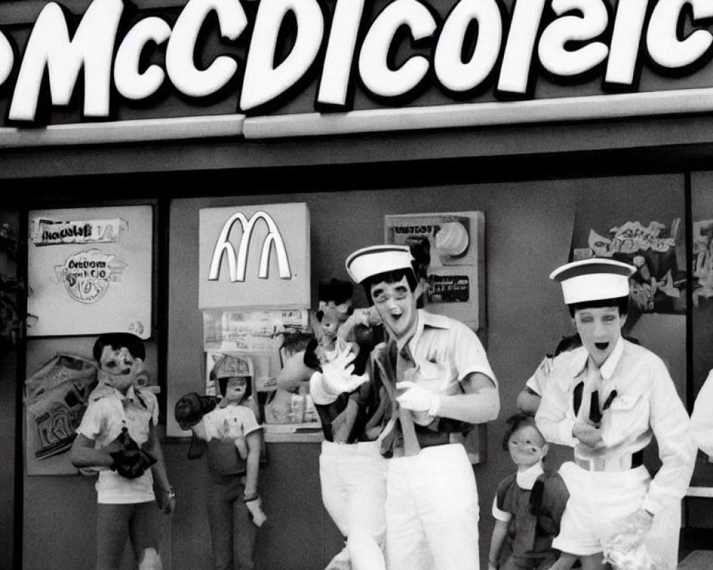 Monochrome image of sailors entertaining kids at McDonald's