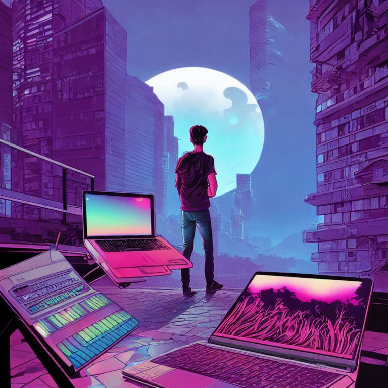 Person surrounded by laptops under neon city moon.