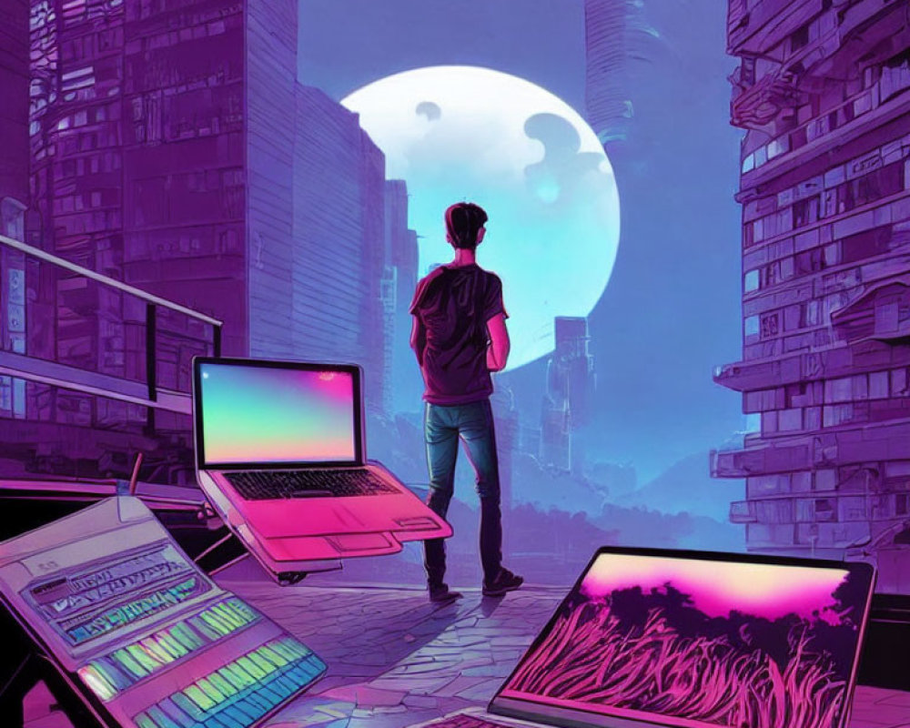 Person surrounded by laptops under neon city moon.