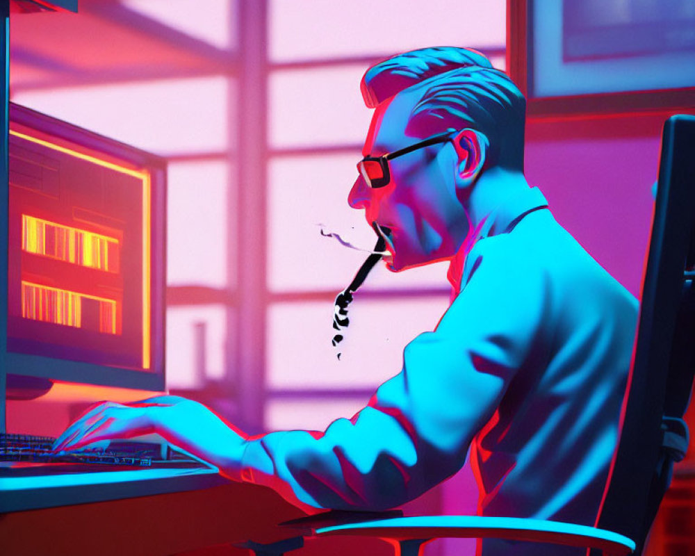 Stylized illustration of man working on computer at night in neon colors