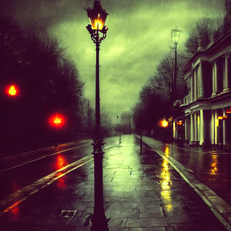 Misty evening with wet streets, vintage lamps, and glowing lights