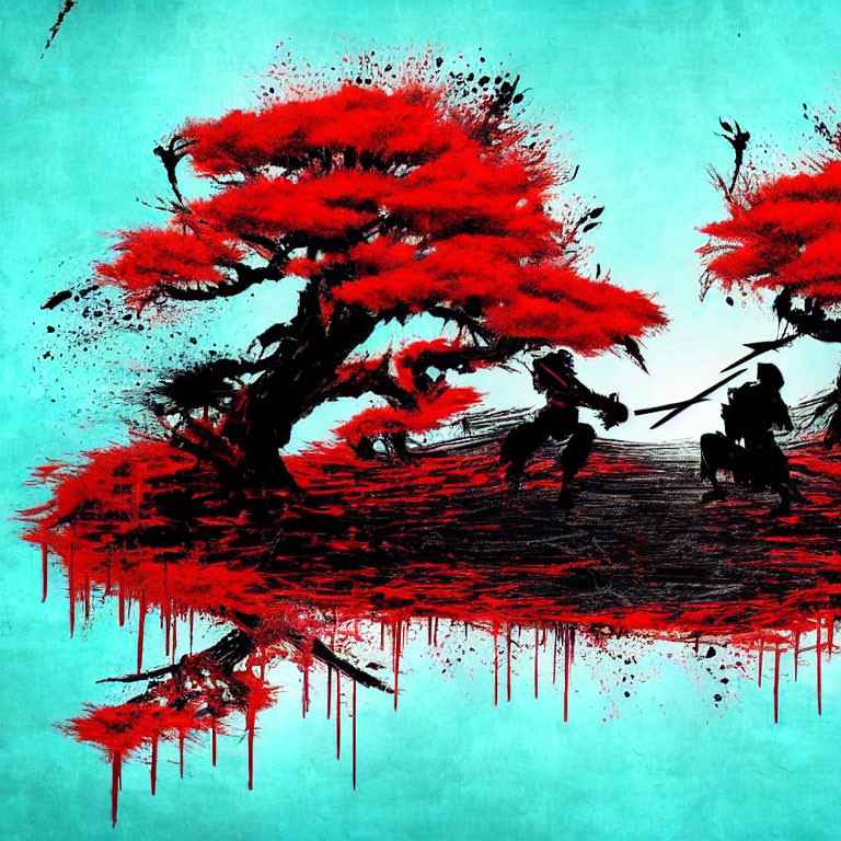 Abstract Artwork: Silhouetted Samurai Warriors under Red Tree on Teal Background