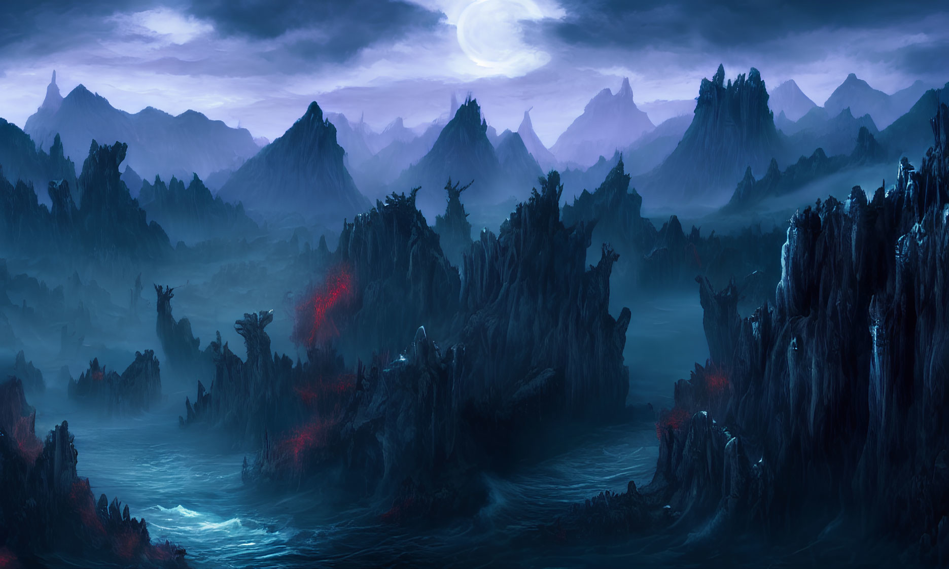 Panoramic fantasy landscape with craggy mountains and glowing red flora