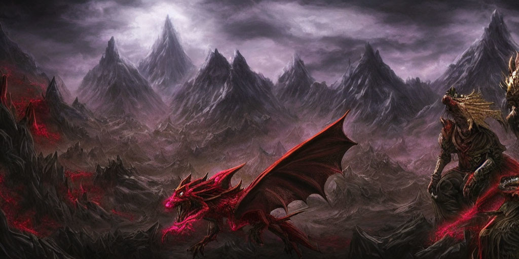 Red Dragon in Ominous Landscape with Silhouetted Figures