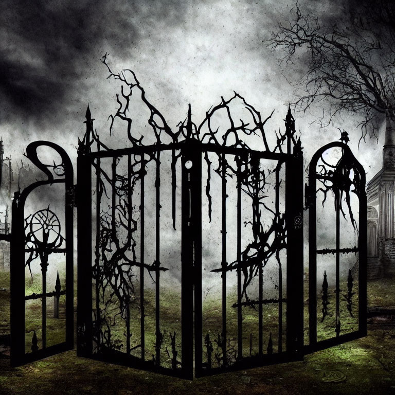 Eerie Wrought Iron Gate Leading to Misty Graveyard