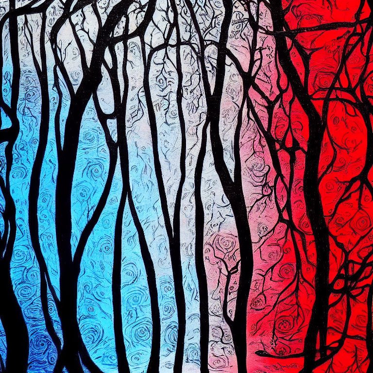 Stylized tree abstract painting in cool blue and warm red tones