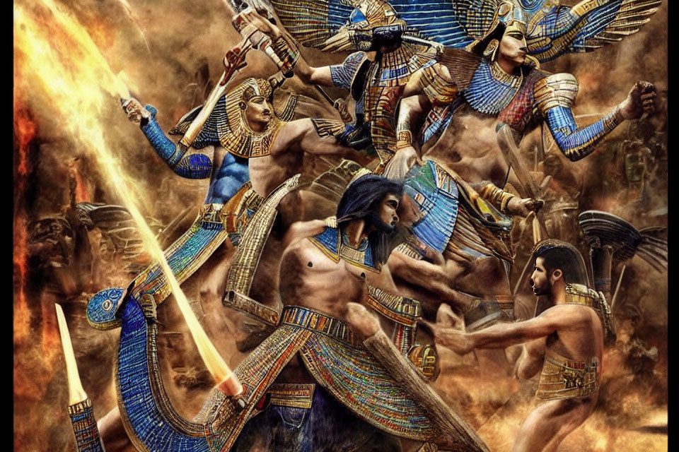 Ancient Egyptian gods and warriors in combat with traditional armor and weapons